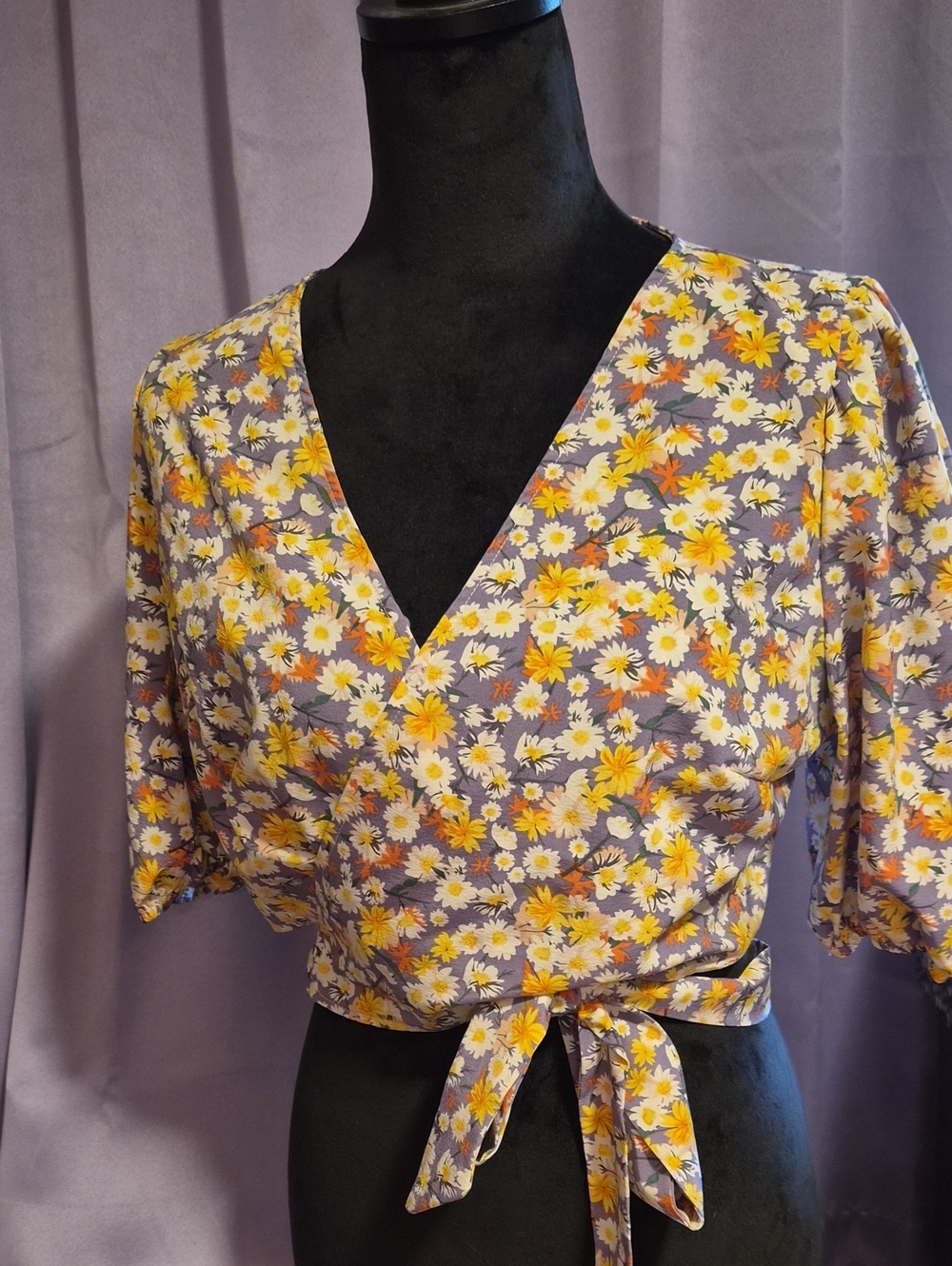 SHEIN Yellow and Purple Floral Wrap Crop Top